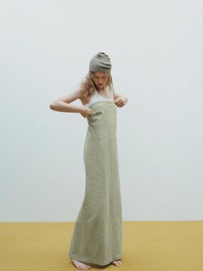 🆕 ZARA Strapless Maxi Dress | Linen Cotton | Olive Oil | Back Slit & Zip | NWT